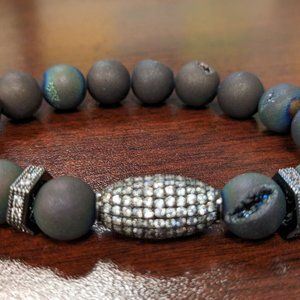 New Women's Druzy Agate Black Pave Geode Gunmetal Bracelet 10mm